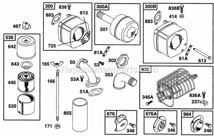 Air Cleaner Grp Muffler Grp Diagram and Parts List for 221432-0145-05  Briggs and Stratton Engine
